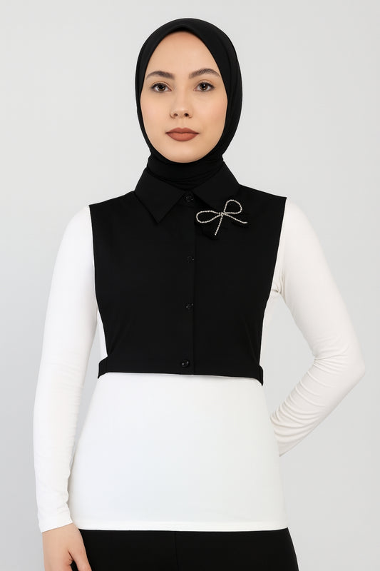 Shirt Collar with Stoned Bow Brooch - Black 