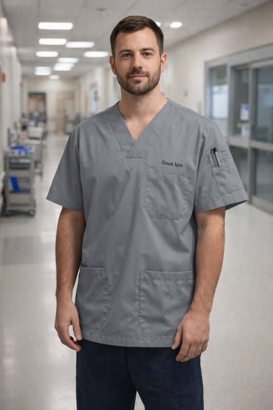 Kişiye Özel İsimli Erkek Tek Üst 4 Cepli Scrubs Forma - Gri