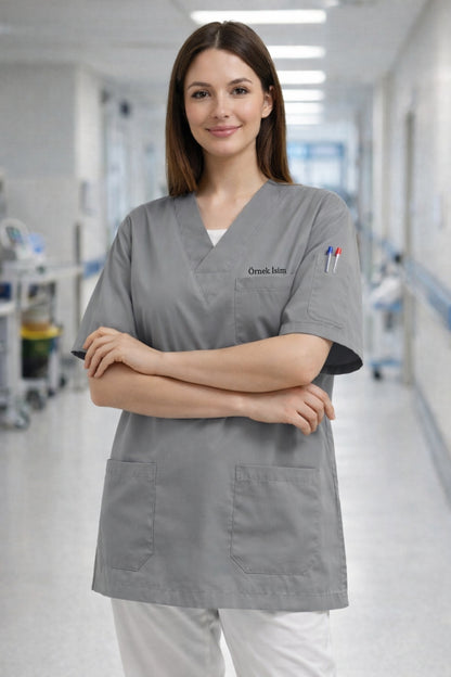 Kişiye Özel İsimli Tek Üst 4 Cepli Scrubs Forma - Gri