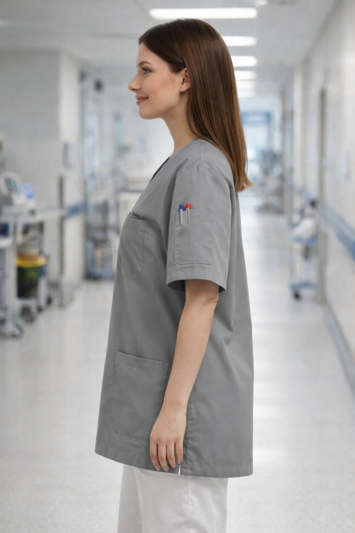 Kişiye Özel İsimli Tek Üst 4 Cepli Scrubs Forma - Gri