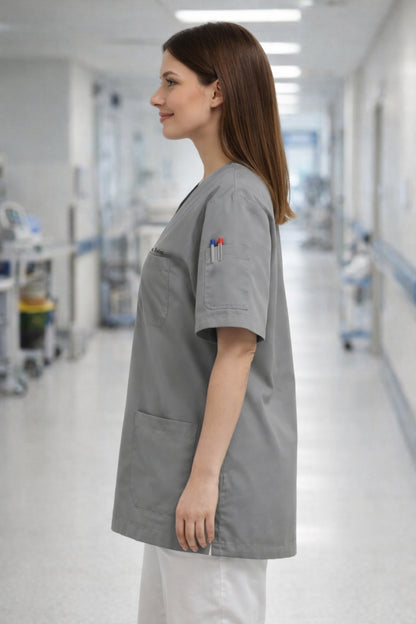 Kişiye Özel İsimli Tek Üst 4 Cepli Scrubs Forma - Gri