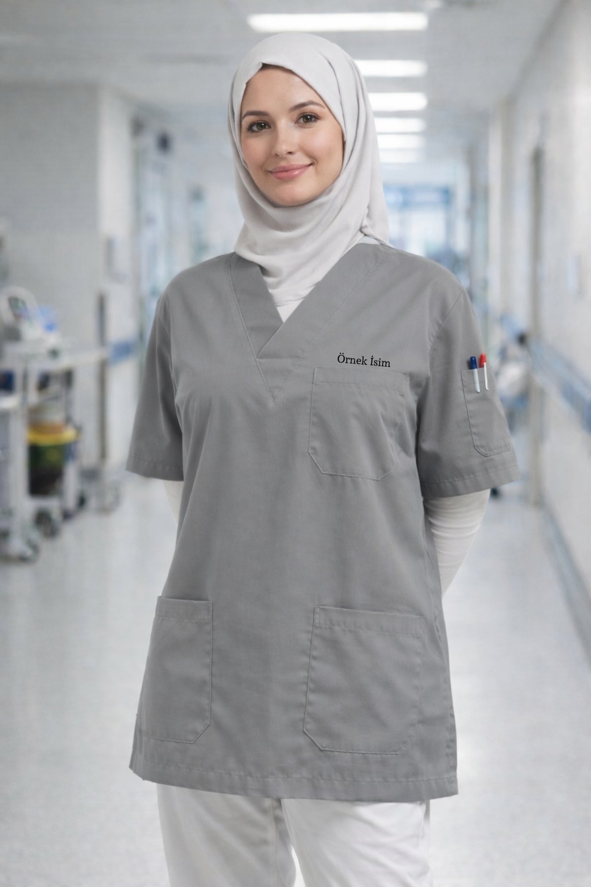 Kişiye Özel İsimli Tek Üst 4 Cepli Scrubs Forma - Gri