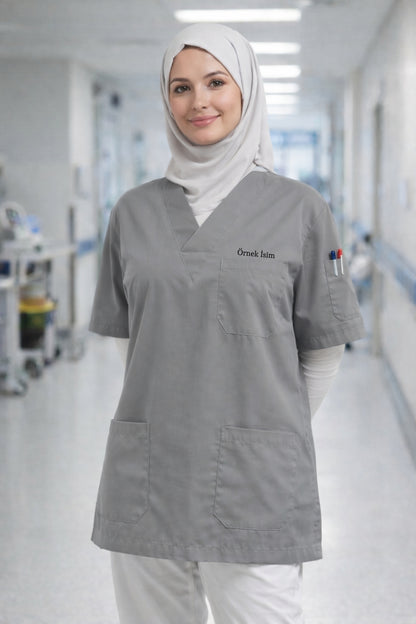 Kişiye Özel İsimli Tek Üst 4 Cepli Scrubs Forma - Gri