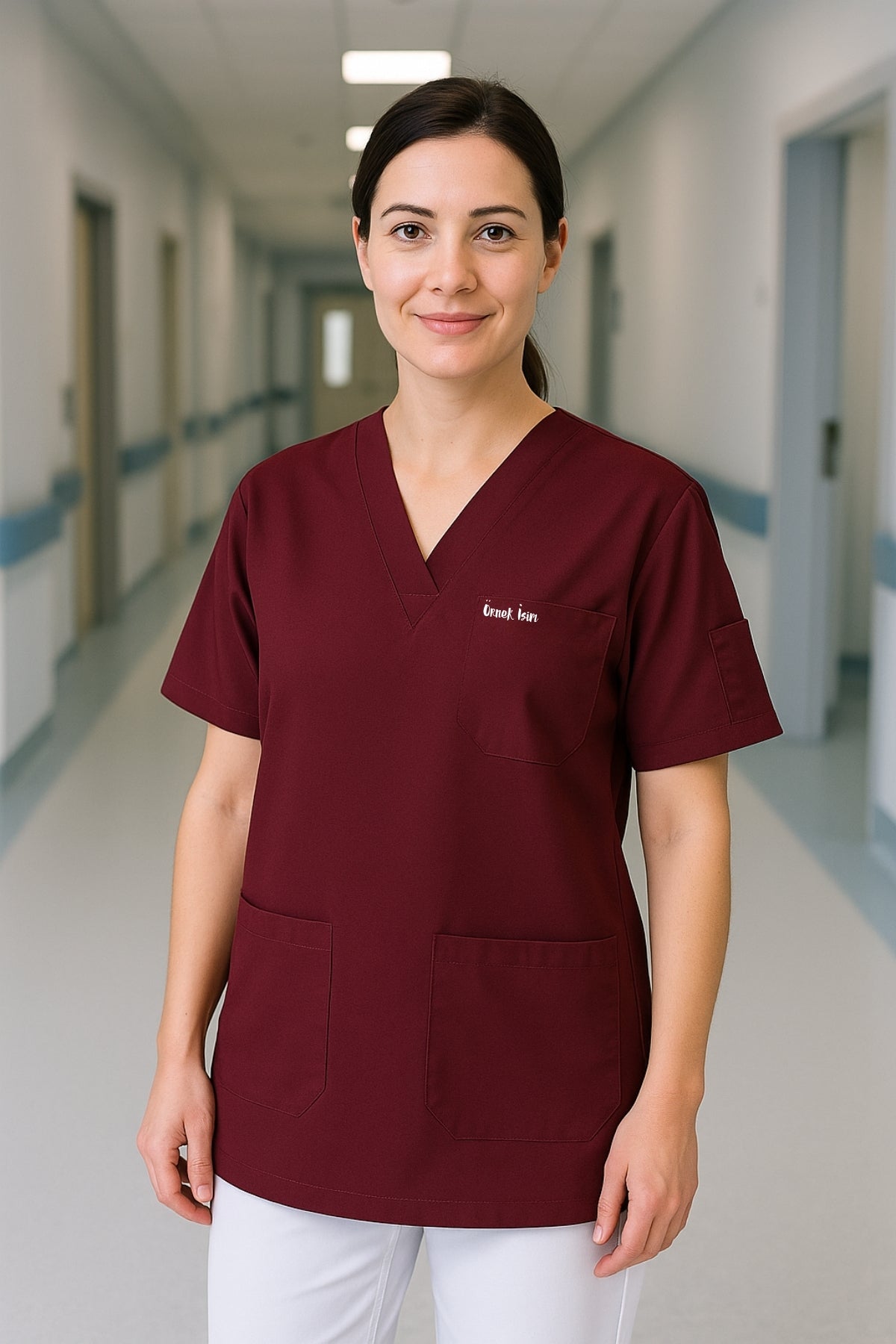 Kişiye Özel İsimli Tek Üst 4 Cepli Scrubs Forma - Bordo