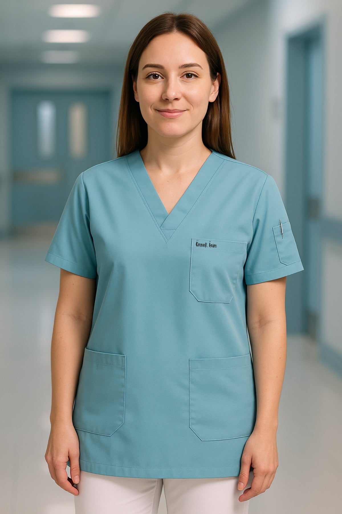 Kişiye Özel İsimli Tek Üst 4 Cepli Scrubs Forma - Mavi