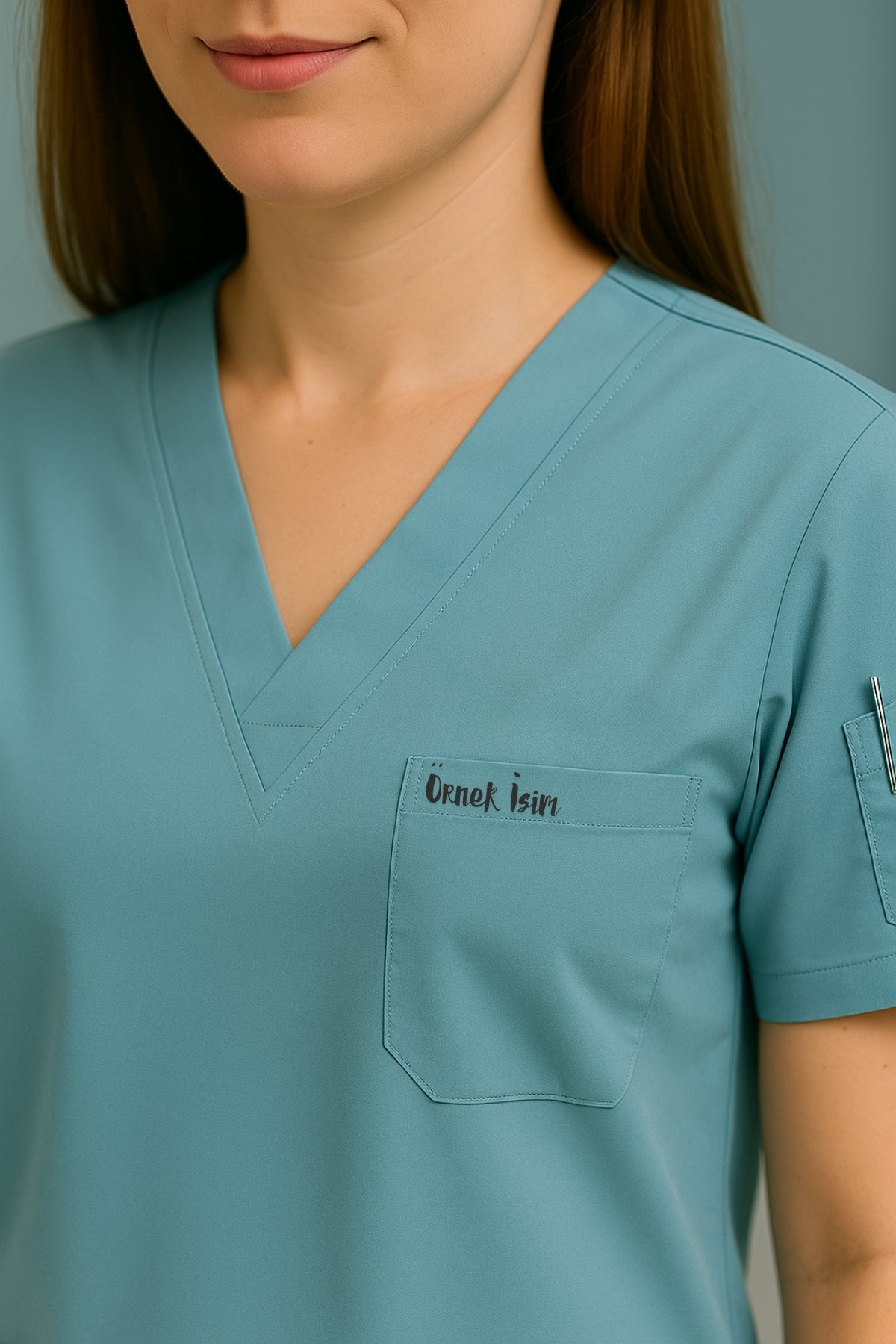 Kişiye Özel İsimli Tek Üst 4 Cepli Scrubs Forma - Mavi
