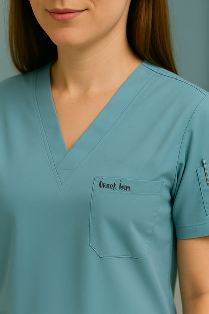 Kişiye Özel İsimli Tek Üst 4 Cepli Scrubs Forma - Mavi
