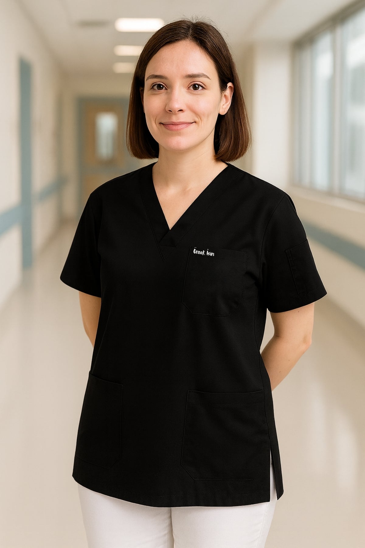 Kişiye Özel İsimli Tek Üst 4 Cepli Scrubs Forma - Siyah