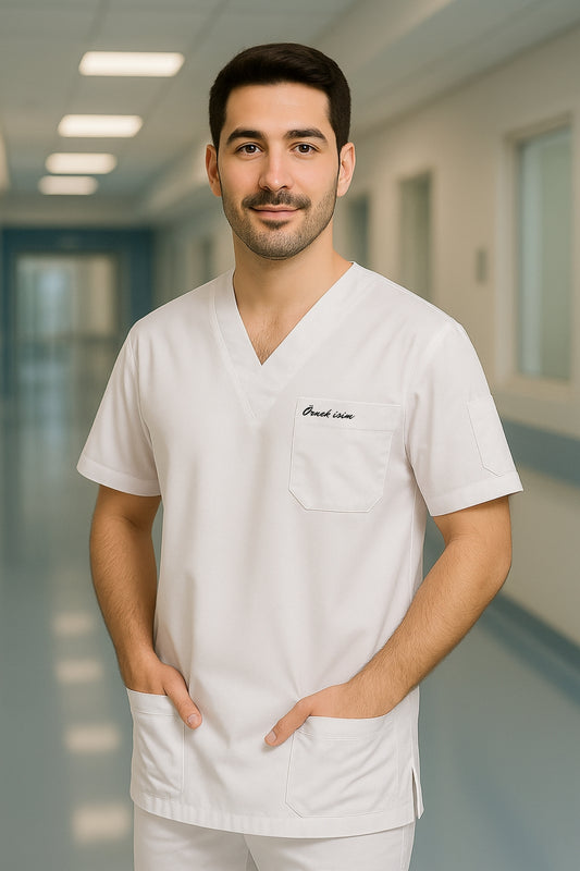 Kişiye Özel İsimli Erkek Tek Üst 4 Cepli Scrubs Forma - Beyaz