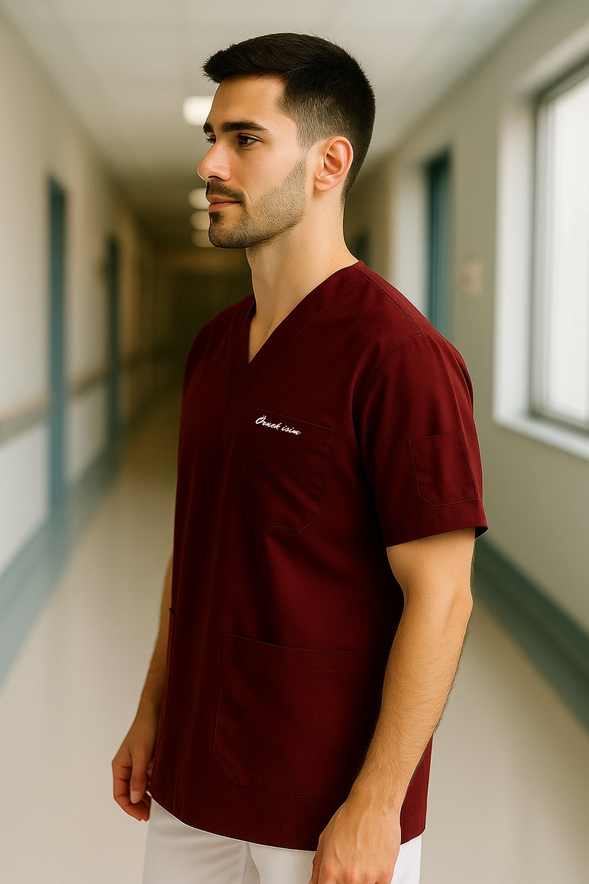 Kişiye Özel İsimli Erkek Tek Üst 4 Cepli Scrubs Forma - Bordo