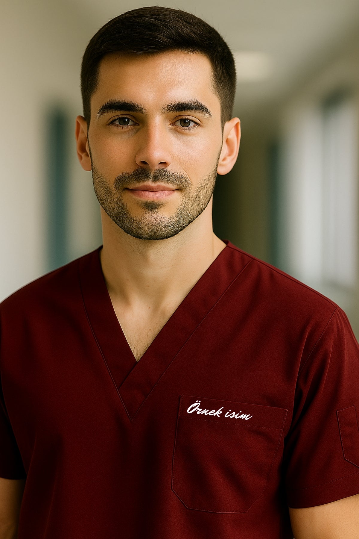 Kişiye Özel İsimli Erkek Tek Üst 4 Cepli Scrubs Forma - Bordo