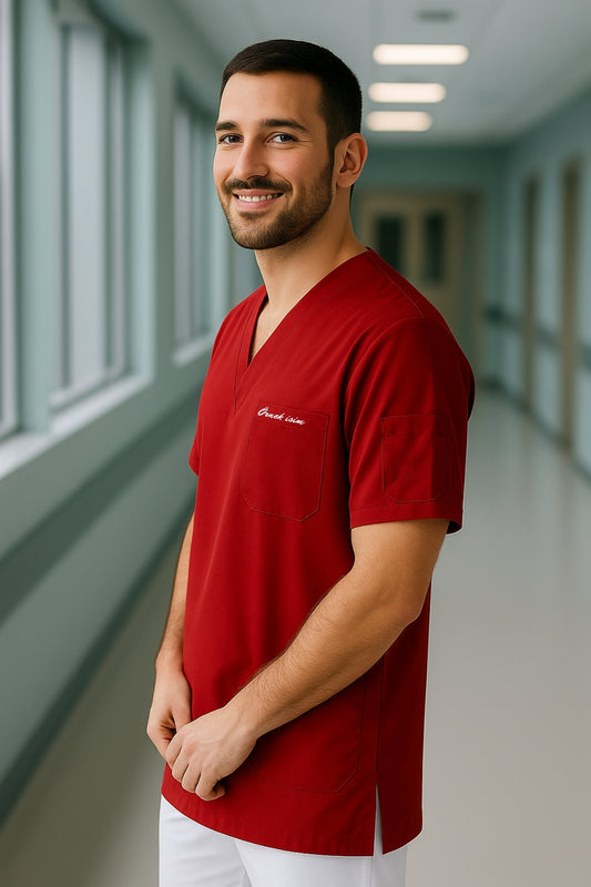 Kişiye Özel İsimli Erkek Tek Üst 4 Cepli Scrubs Forma - Kırmızı