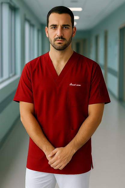 Kişiye Özel İsimli Erkek Tek Üst 4 Cepli Scrubs Forma - Kırmızı