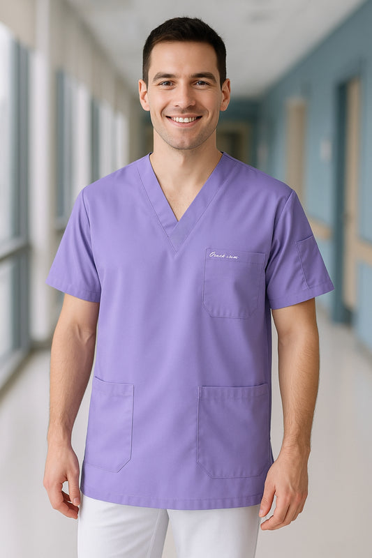 Kişiye Özel İsimli Erkek Tek Üst 4 Cepli Scrubs Forma - Lila