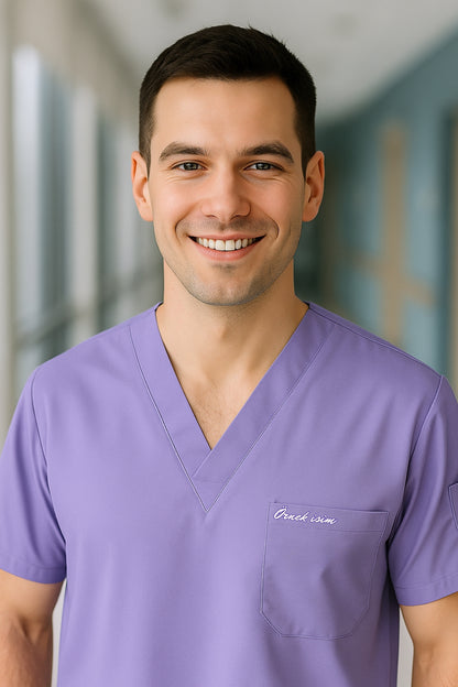 Kişiye Özel İsimli Erkek Tek Üst 4 Cepli Scrubs Forma - Lila