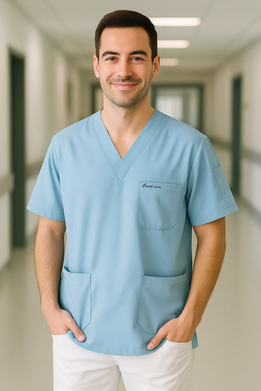 Kişiye Özel İsimli Erkek Tek Üst 4 Cepli Scrubs Forma - Mavi