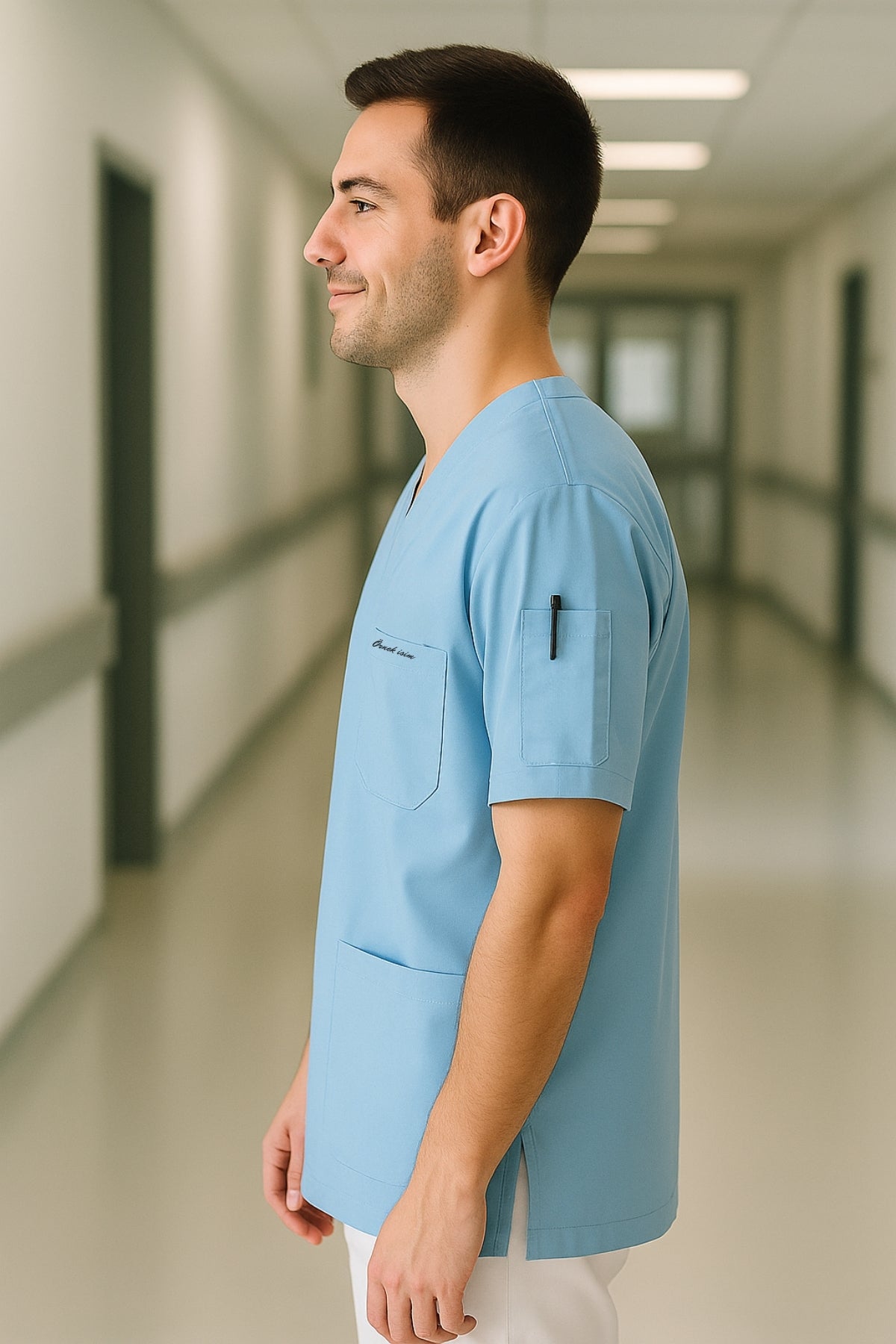 Kişiye Özel İsimli Erkek Tek Üst 4 Cepli Scrubs Forma - Mavi