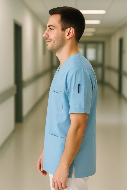 Kişiye Özel İsimli Erkek Tek Üst 4 Cepli Scrubs Forma - Mavi