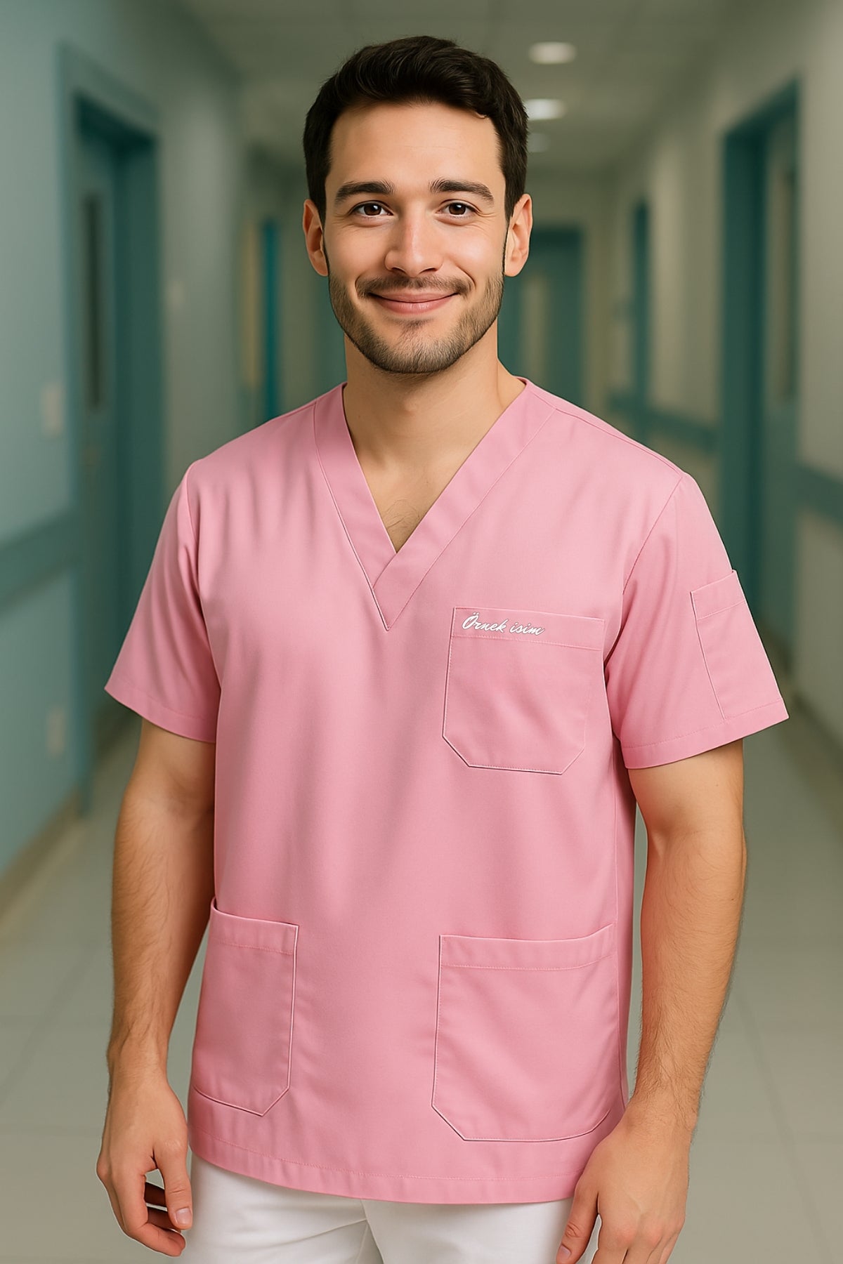 Kişiye Özel İsimli Erkek Tek Üst 4 Cepli Scrubs Forma - Pembe