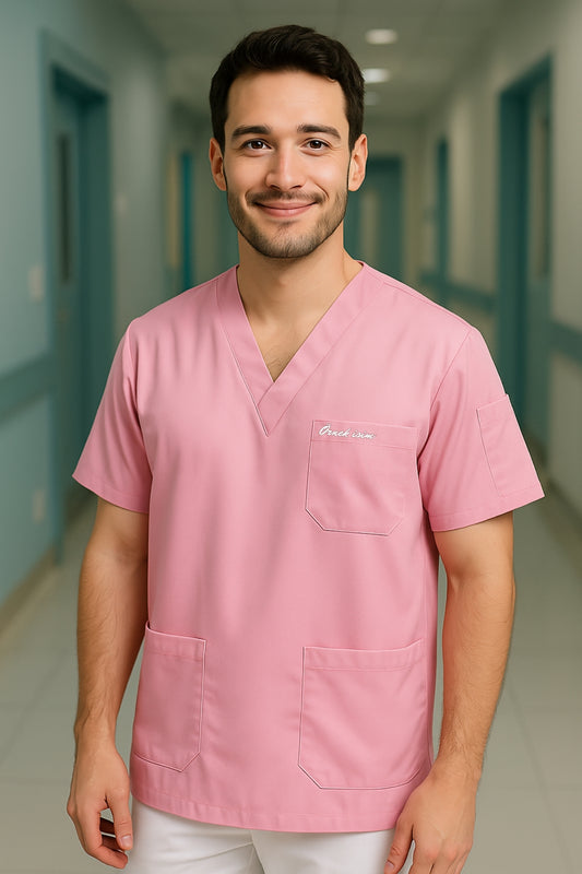 Kişiye Özel İsimli Erkek Tek Üst 4 Cepli Scrubs Forma - Pembe