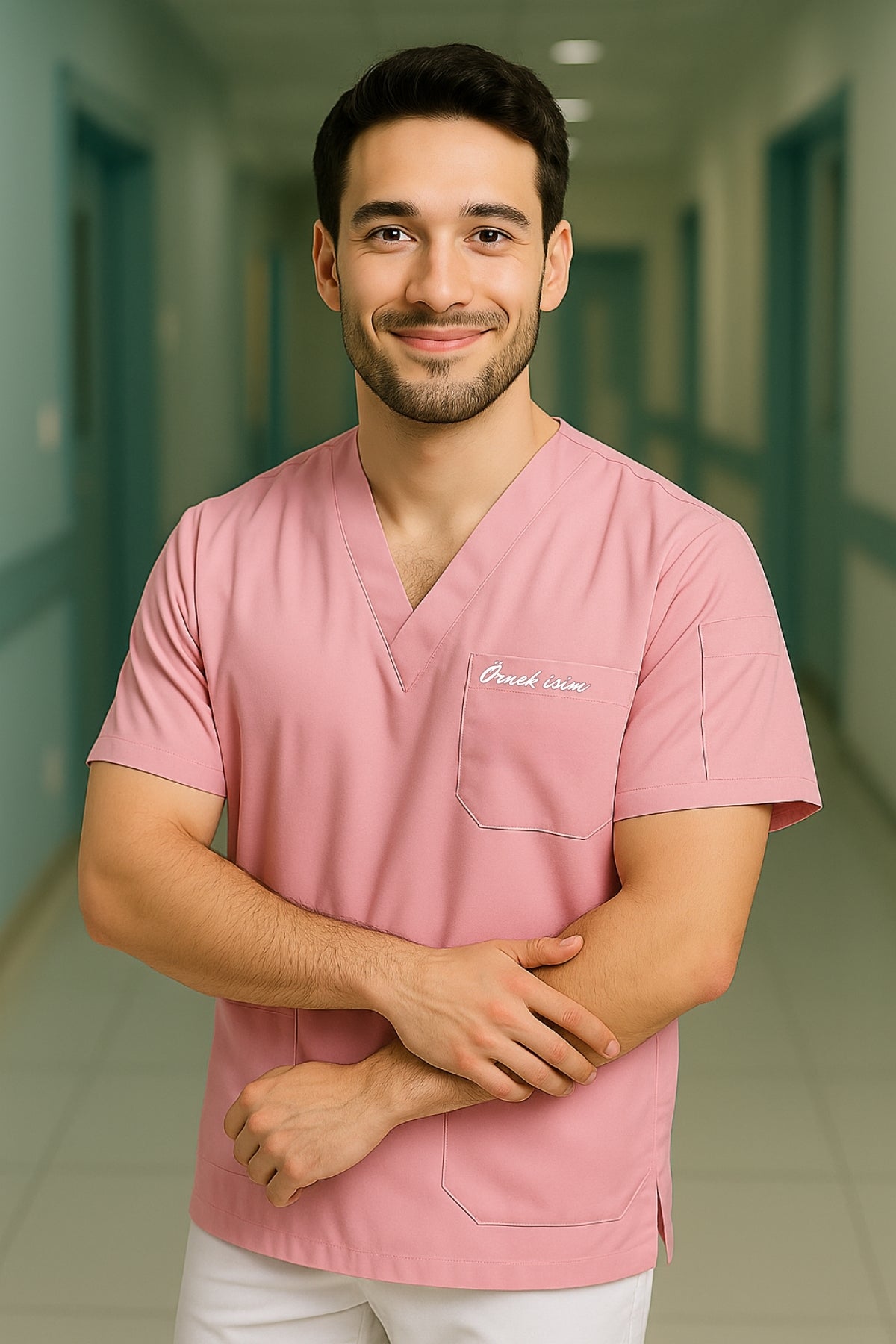 Kişiye Özel İsimli Erkek Tek Üst 4 Cepli Scrubs Forma - Pembe