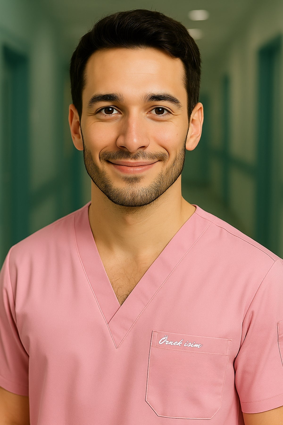 Kişiye Özel İsimli Erkek Tek Üst 4 Cepli Scrubs Forma - Pembe