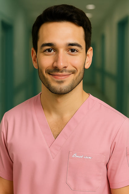 Kişiye Özel İsimli Erkek Tek Üst 4 Cepli Scrubs Forma - Pembe