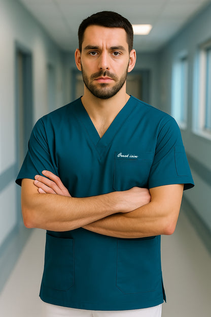 Kişiye Özel İsimli Erkek Tek Üst 4 Cepli Scrubs Forma - Petrol