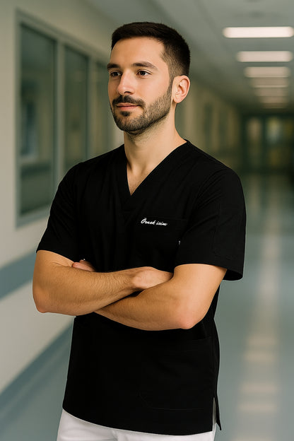 Kişiye Özel İsimli Erkek Tek Üst 4 Cepli Scrubs Forma - Siyah