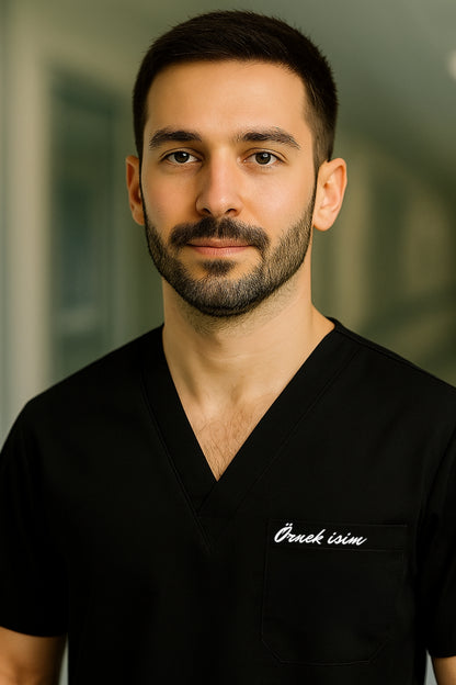 Kişiye Özel İsimli Erkek Tek Üst 4 Cepli Scrubs Forma - Siyah