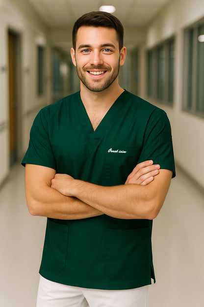 Kişiye Özel İsimli Erkek Tek Üst 4 Cepli Scrubs Forma - Yeşil