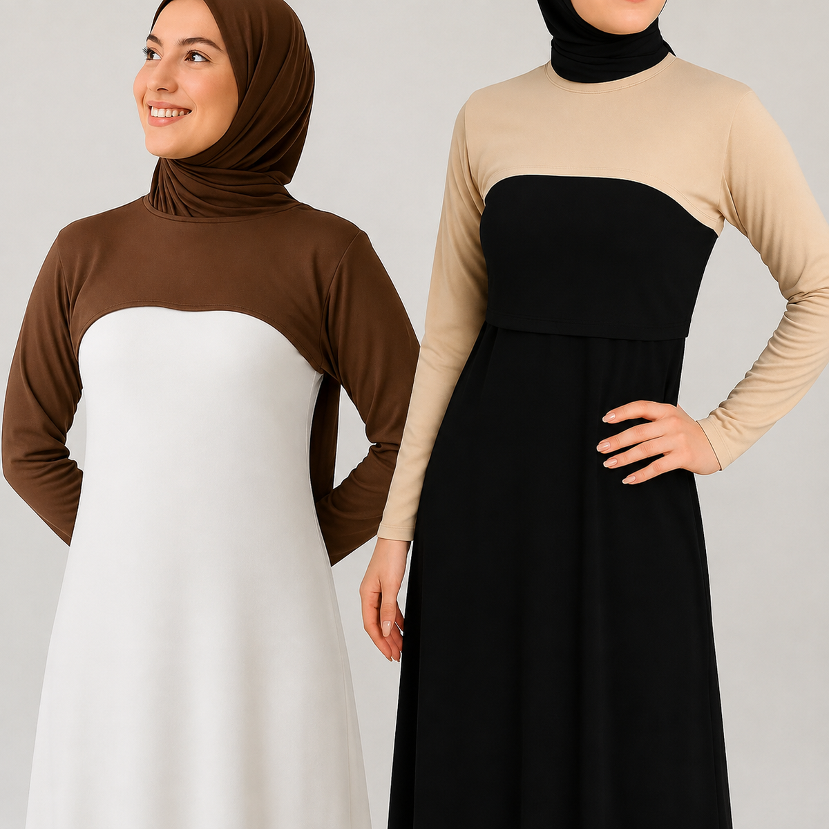2'li paket kahverengi ve bej penye boyunluklu kolluk, tesettürlü model