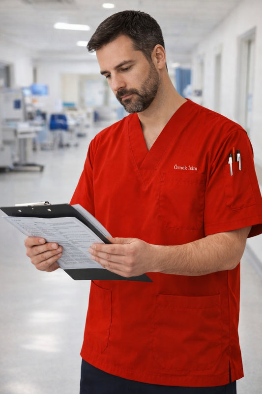 Kişiye Özel İsimli Erkek Tek Üst 4 Cepli Scrubs Forma - Kırmızı