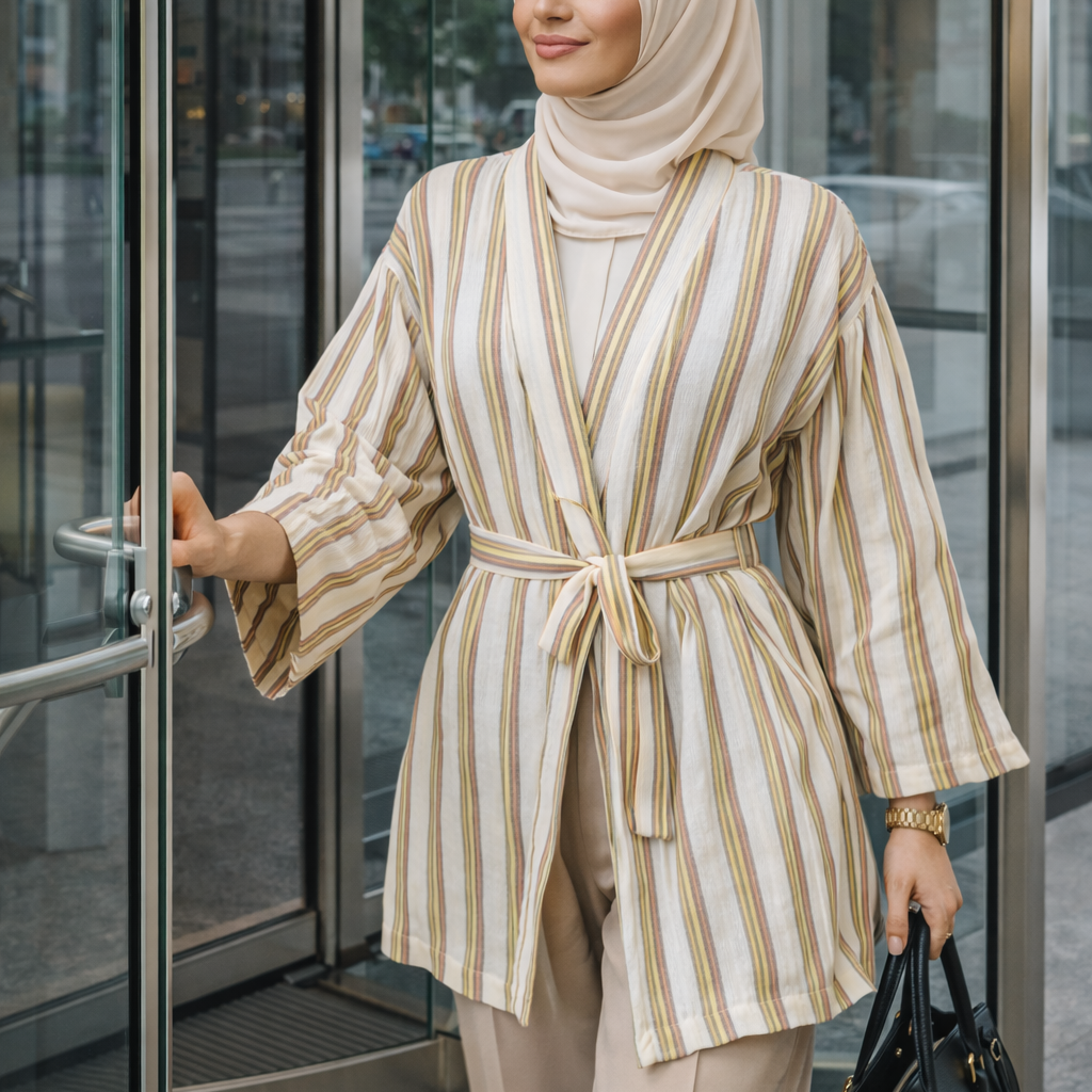 Beyaz tonlarında çizgili tesettür uzun tunik