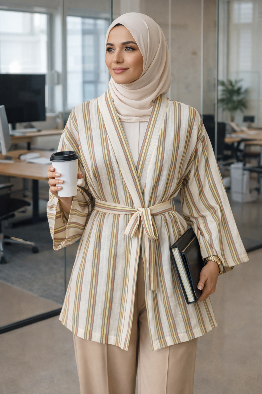 Uzun tunik modelleri tesettür çizgili kuşak detaylı