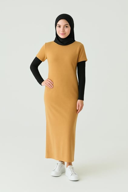 Kısa Kollu Fitilli Elbise - Amber