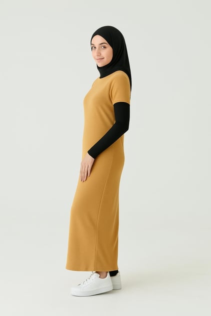 Kısa Kollu Fitilli Elbise - Amber