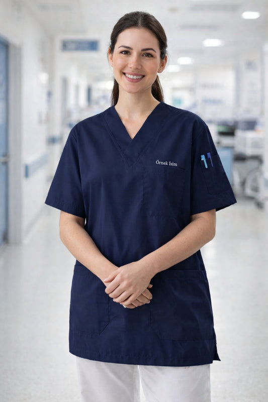 Kişiye Özel İsimli Tek Üst 4 Cepli Scrubs Forma - Lacivert