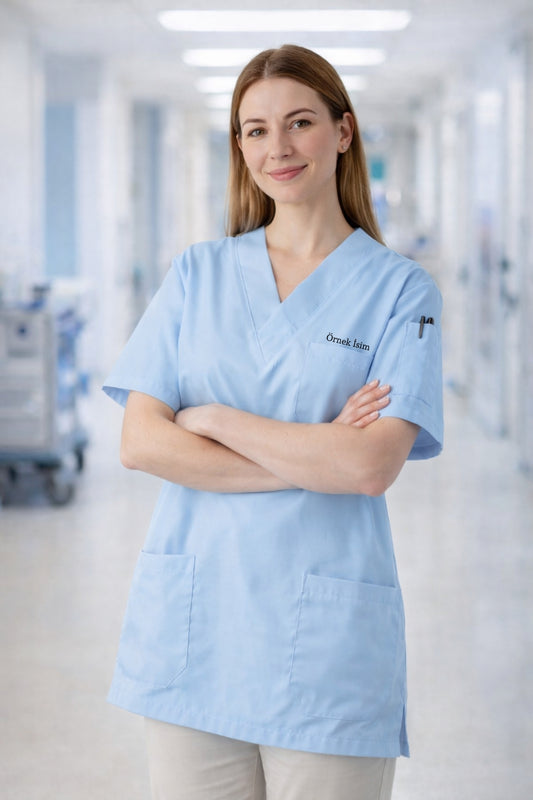 Kişiye Özel İsimli Tek Üst 4 Cepli Scrubs Forma - Mavi