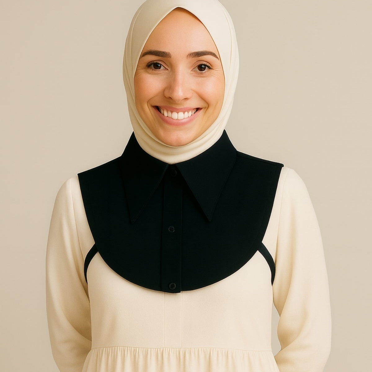 Yarım gömlek yakası ile modern ve minimalist tesettür görünüm