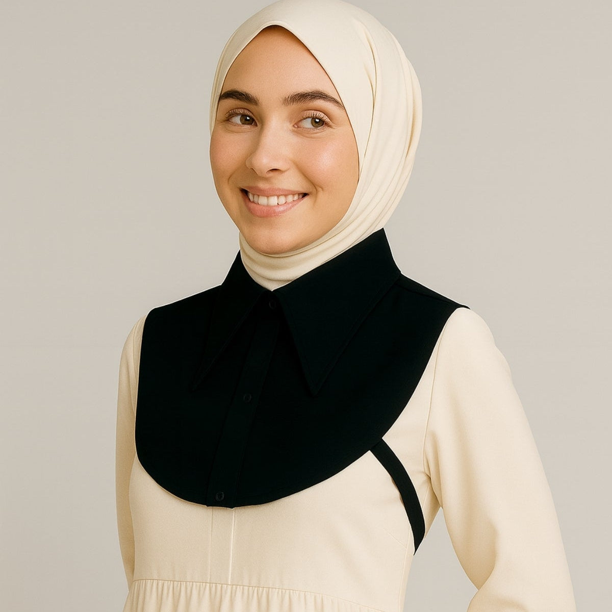 Hazır gömlek yakası ile pratik ve şık tesettür kombin örneği