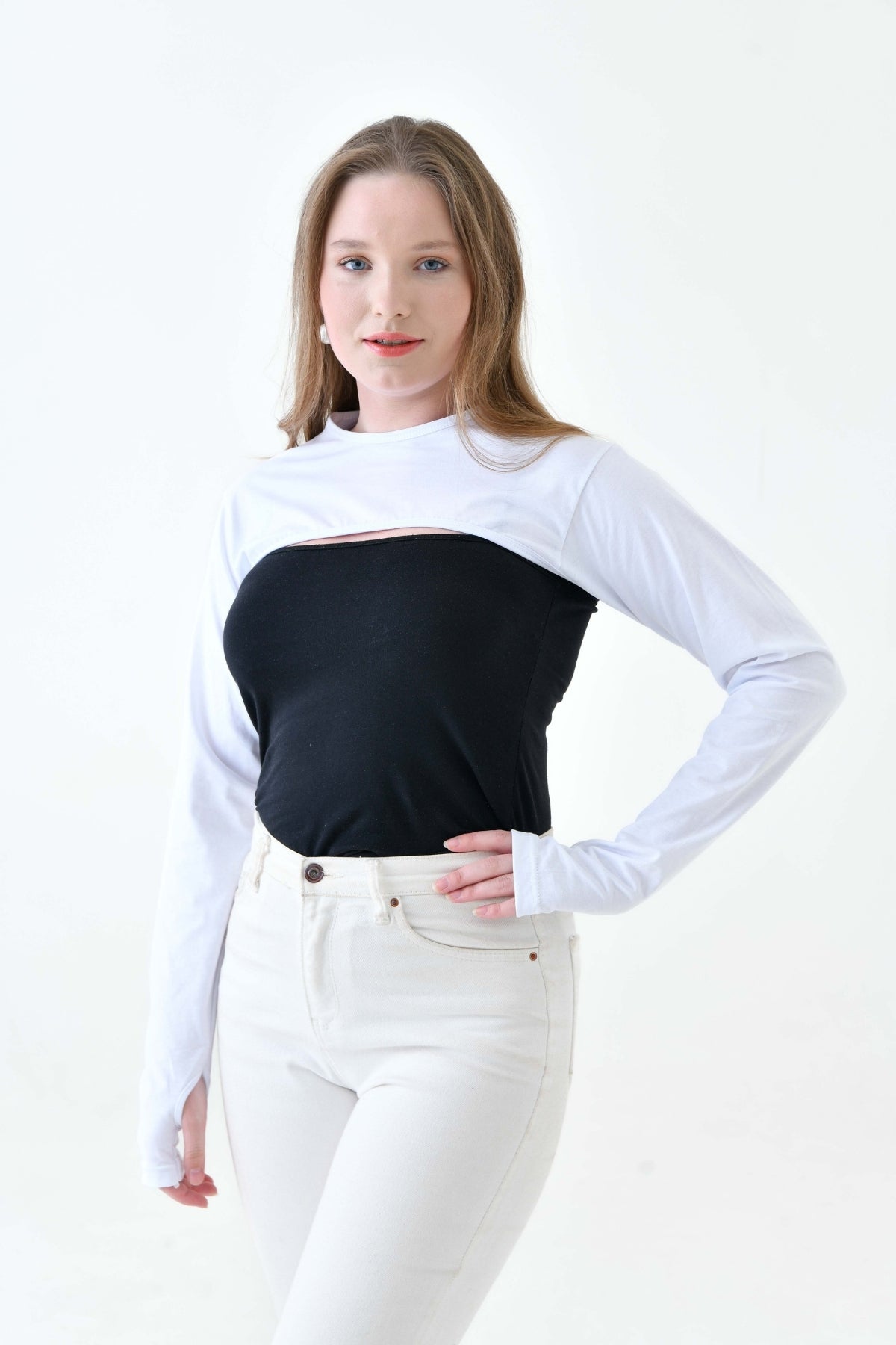 MIRACH Curve مقاس كبير بياقة دائرية وغطاء للذراع بأصابع - أبيض