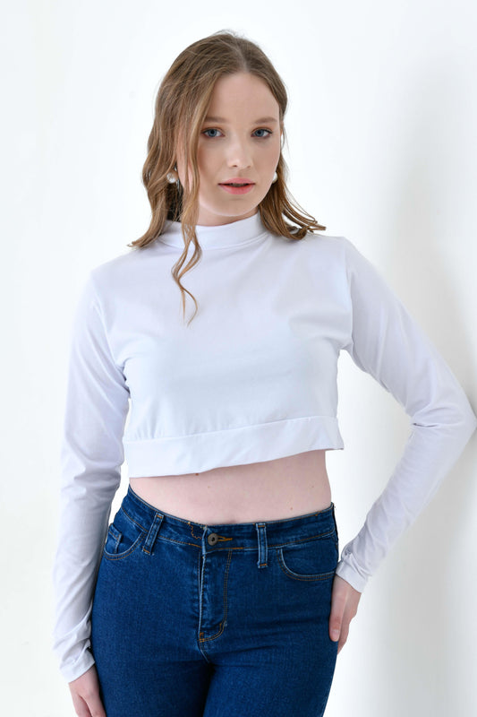 MIRACH Curve Büyük Beden Uzun Kollu Crop Boyunluk - Beyaz