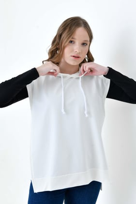 MIRACH Curve Büyük Beden Yanları Düğmeli Süveter Sweat - Ekru