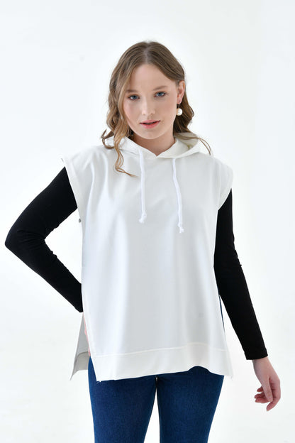 MIRACH Curve Büyük Beden Yanları Düğmeli Süveter Sweat - Ekru