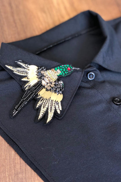 Papağan Nakış İşlemeli Gömlek Yaka - Siyah