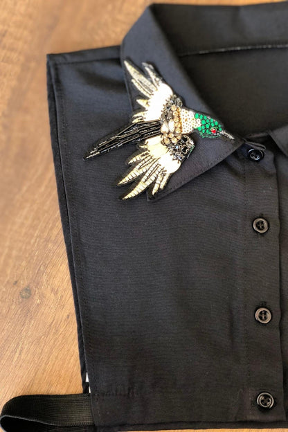 Papağan Nakış İşlemeli Gömlek Yaka - Siyah