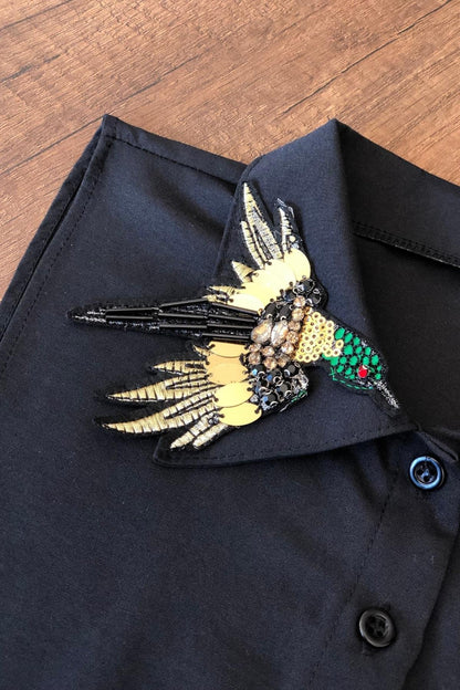 Papağan Nakış İşlemeli Gömlek Yaka - Siyah