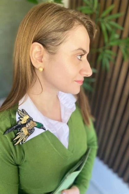 Papağan Nakış İşlemeli Gömlek Yaka - Beyaz