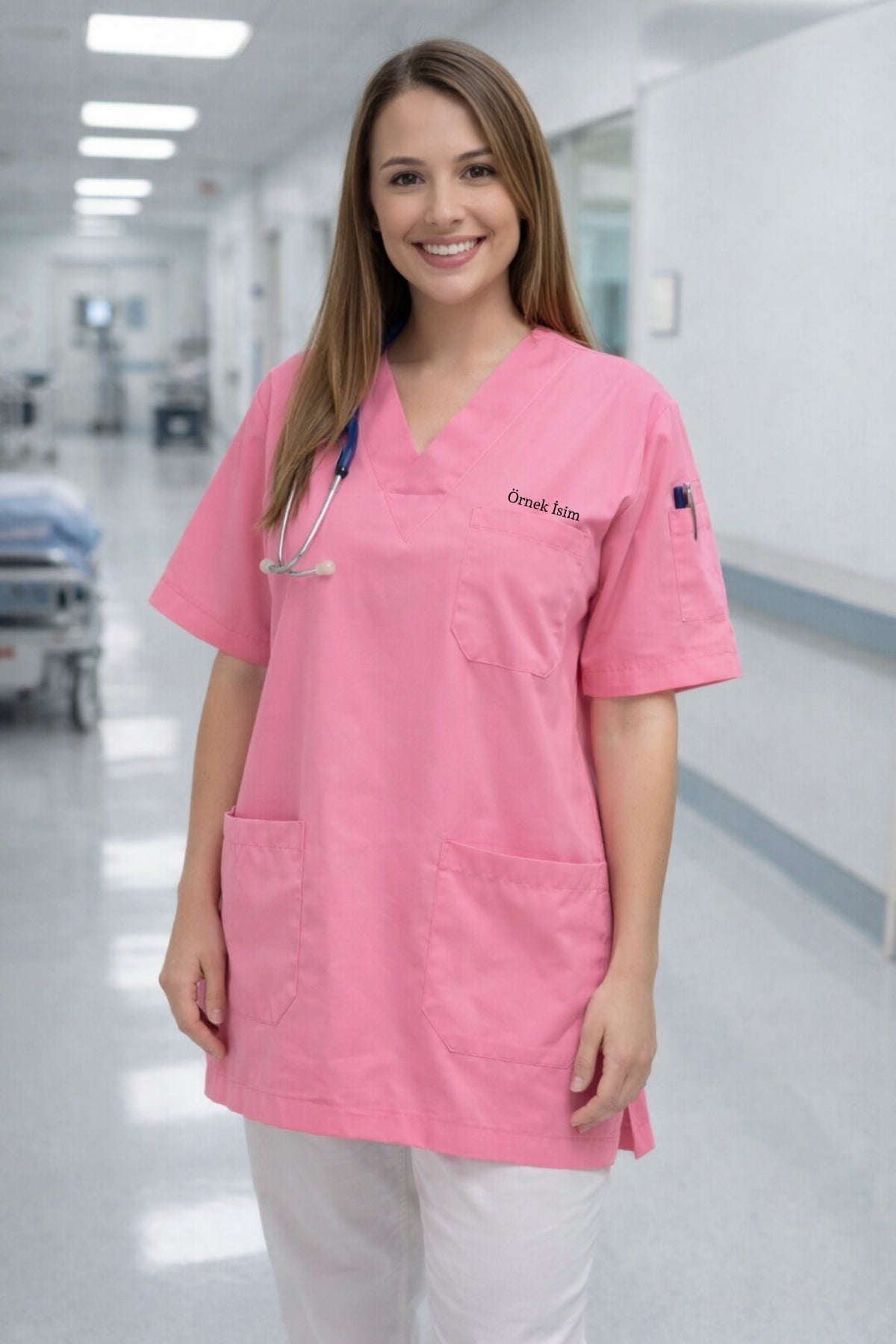 Personalized Scrubs Jersey with 4 Pockets and Name - Pink